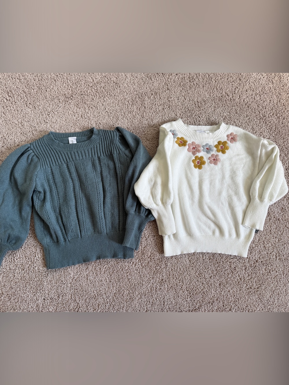 3T Modern Moments Crewneck Puff Sleeve Sweater - Cream Floral and Dusty Teal